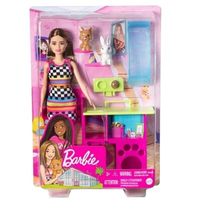 Barbie  Spielset mit Haustier Spielhaus, Puppe (Brünette, Petite), Welpe und Hase Haustier