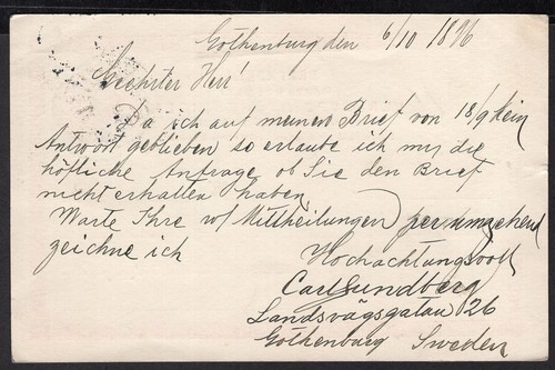 465 TARJETA POSTAL DE PAPELERÍA DE SUECIA A BBÉLGICA PS 1896 GOTEMBURGO - GAND - Imagen 2 de 2