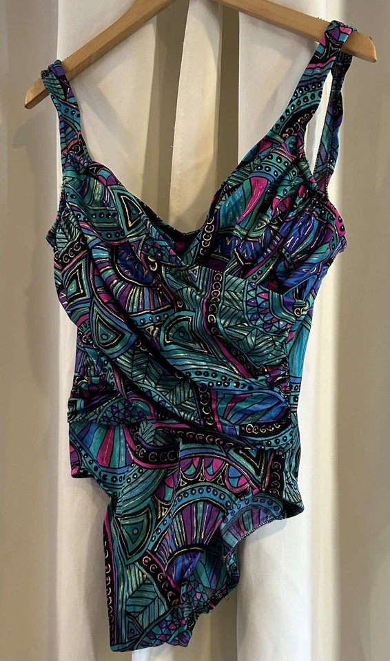 Traje de baño de colección Catalina abstracto acanalado talla 10 envoltura sintética EE. UU. verde azulado dorado cachemir Foto 2 de 4