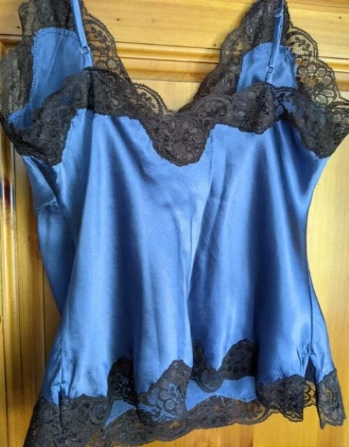 Sunny Leigh Blue& Brown Camisole Top 100% Silk w/ Lace Trim Petite Small Women's - Image 2 of 4