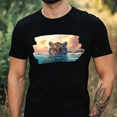 Mens Tiger Swimming In The Sea Motif Cotton T-Shirt Size XS to 5XL