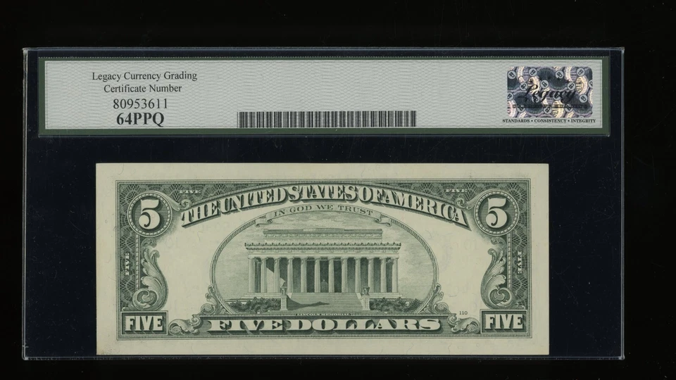 DBR 1995 $5 FRN Kansas City Fr. 1985-J Legacy 64 PPQ Serial J40150900B - Image 2 of 2