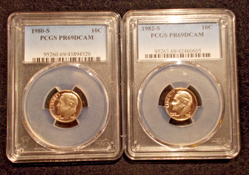 2 - PCGS PR69 DCAM ROOSEVELT DIMES. 1980-S & 1982-S