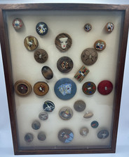 29 Wood Buttons Framed Antique & Vintage Pre-1960's hand-painted; carved