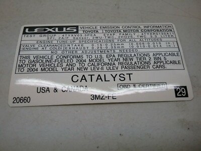 Genuine Lexus Emission Label(1) #11298-20660 | eBay
