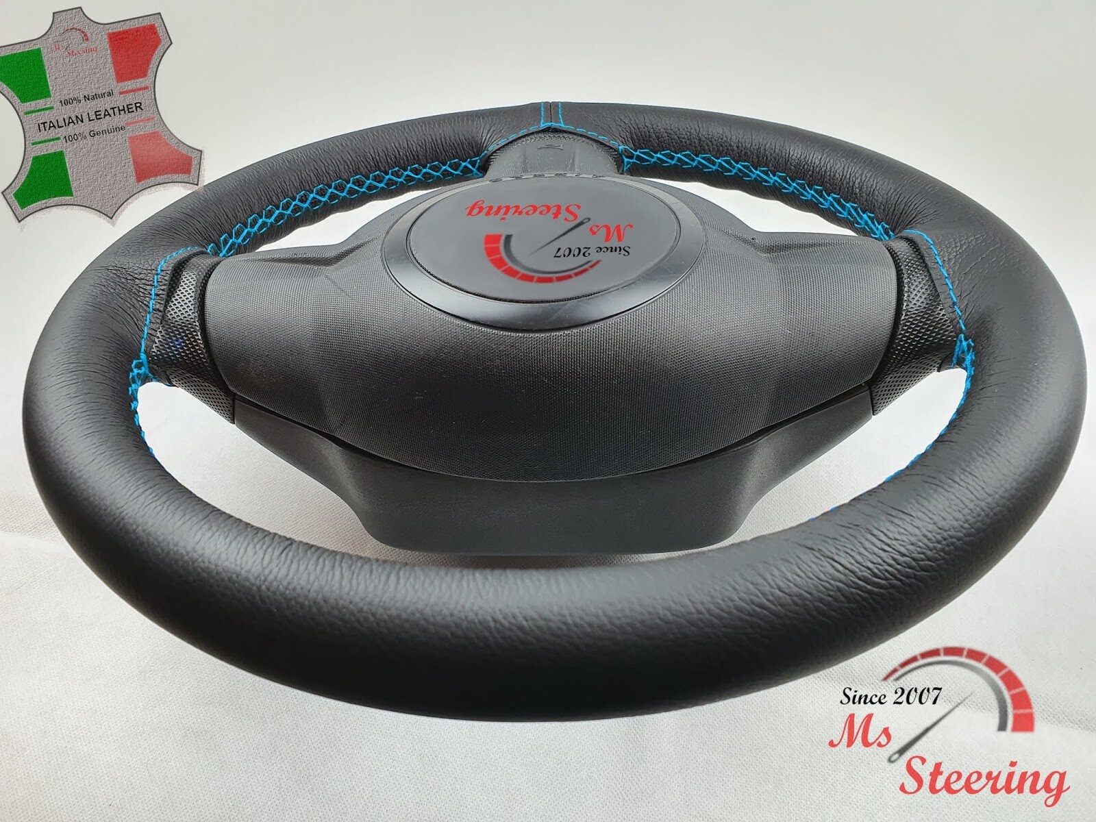 FOR OPEL VECTRA C 02-08 BLACK LEATHER STEERING WHEEL COVER LIGHT BLUE 2 STIT
