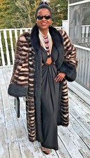 Rare Designer full length black Cream white Fox Fur coat Jacket M-L