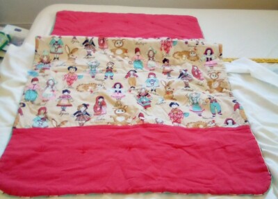 Hand Stitched Tan Red Baby Quilt , Norway Japan Italy, Bear, Tiger   50 x 31 
