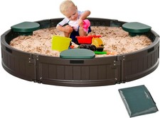 Kids Outdoor Round Sandbox with Cover Backyard Toy for Toddlers 3-12 Years