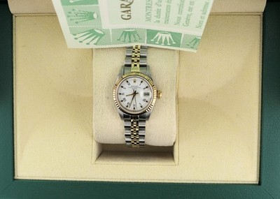 Rolex Ladies Date 69173 White Roman Dial Two-Tone Gold  Jubilee With Papers 26mm