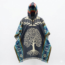 ALPACA WOOL HOODED PONCHO XL UNISEX WINTER COAT WOLF PATTERN ANDES KNIT ECUADOR