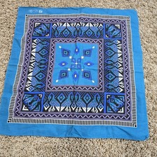 Vtg Paris Cotton Bandana Blue Southwest Print Native Square Handkercheif Mayan