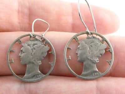 Vintage Cut Design Mercury Dime Earrings Sterling Silver Hooks 3.5g 1 1/8 Inch