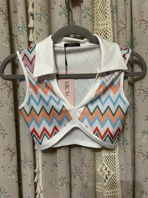 MICAS NWT Chevron Ribbed Collared Crop Top Retro Resort Zigzag Size Small