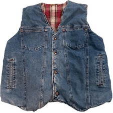 Vintage Levi Strauss Denim Sherpa Lined Vest Plaid Reversible Snap Front USA Men