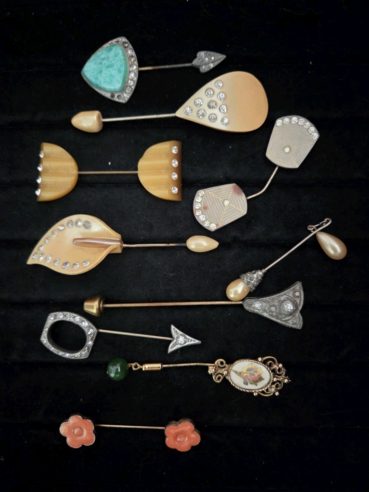 Lot 10 Vintage Brooch Stickpin Double Ended Jabot Art Deco Celluloid Rhinestone