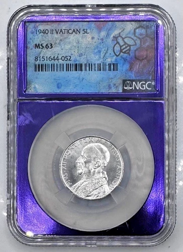 1940 II Vatican Silver 5 Lire Pope Pius XII NGC MS63