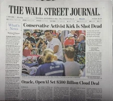 WSJ NEWSPAPER - SEPTEMBER 11, 2025 - CHARLIE KIRK (1993-2025) ASSASSINATION