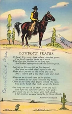 Vintage Cowboys' Prayer Illustrated Postcard by Tichnor Brothers