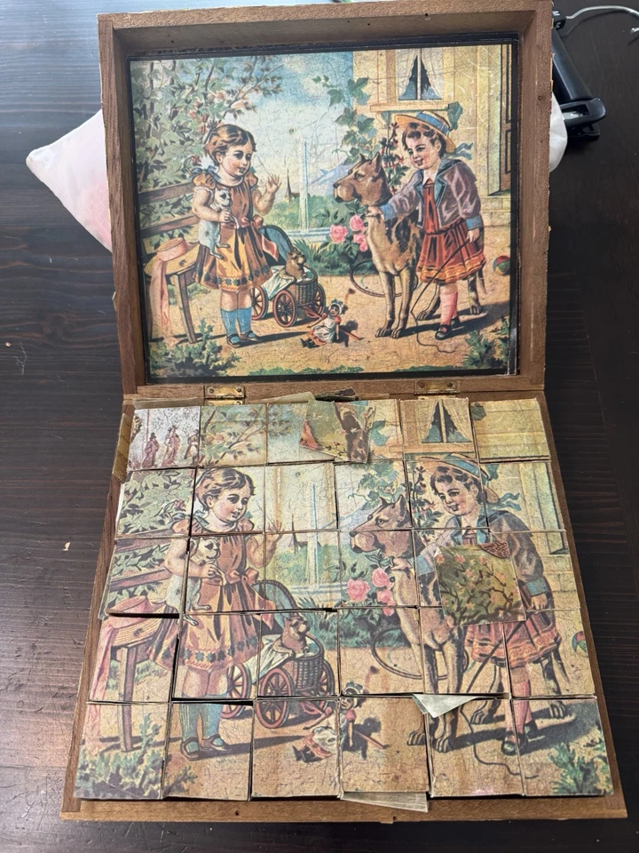 Старинная винтажная 6-сторонняя деревянная блочная головоломка 1900-х годов с деревянной коробкой - Изображение 3 из 4