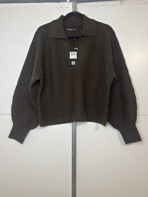 New Threadbare Women Clarinet Trophy V Neck Brown Collared Knitted Jumper UK 14