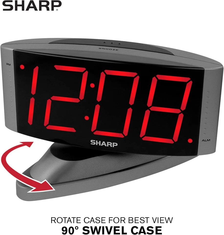 SHARP Home LED Digital Alarm Clock – Swivel Red Led - Gun Metal Grey Case  - Image 3 of 4