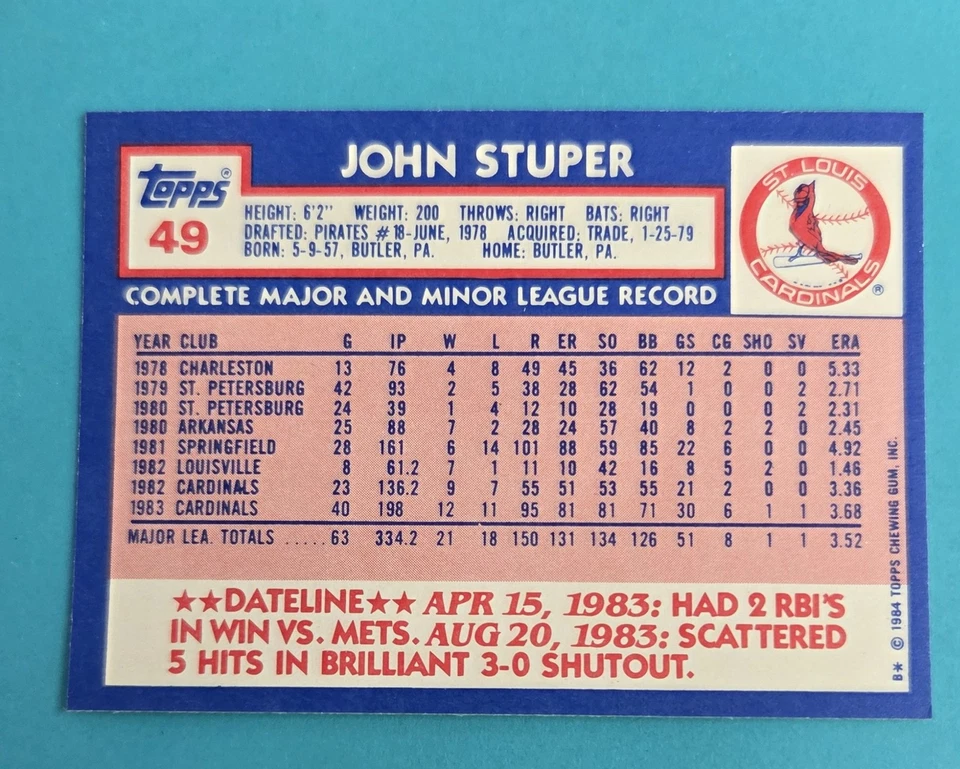 1984 Topps Tiffany #49 John Stuper St. Louis Cardinals BASEBALL Card 8E - Image 2 of 2