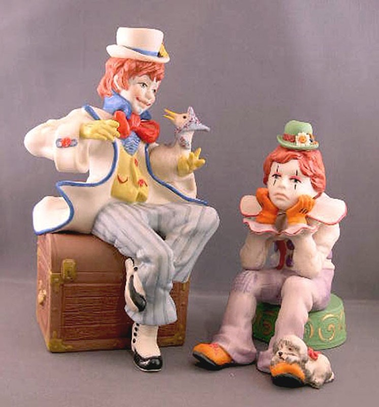 2 Clown Figurines RUMPLES Pensive Clown, Ltd Ed JUMBLES w/Duck, CYBIS Porcelain