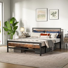 Queen Industrial Metal Platform Bed Frame Rustic Headboard Mattress Foundation