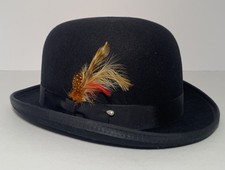 100% Wool Bowler Hat Derby Bowler Caps Black With Feather Large Made In USA