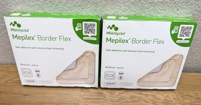 LOT OF 2 Molnlycke Mepilex Border Flex 4'' x 4'' Soft Silicone Foam Dressing 5 Pk
