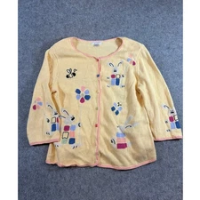 Vtg 90s Christopher Banks & Cardigan Sweater Womens M Yellow Bunny & Bee Knit