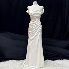 White Off The Shoulder Ruched Satin Mermaid Wedding Dress Fitted Bridal Gown