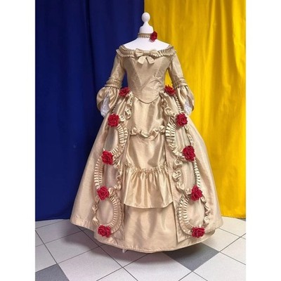 Champagne Rococo Ball Gown Marie Antoinette with Red Roses Victorian Dress