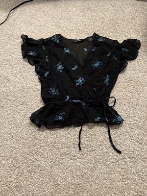 Express Women's Floral Print Blouse With Ruffle Detail & String Belt Sz 3/4