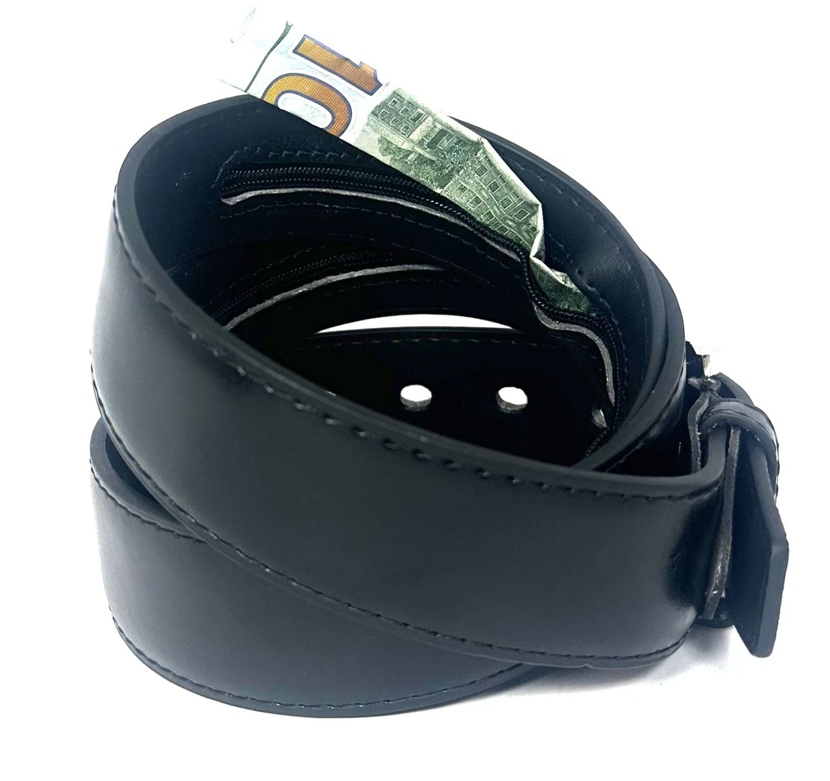 16" Zipper. 1-1/2" Width Leather Black Money Belt 3 Size Available: M, L or XL