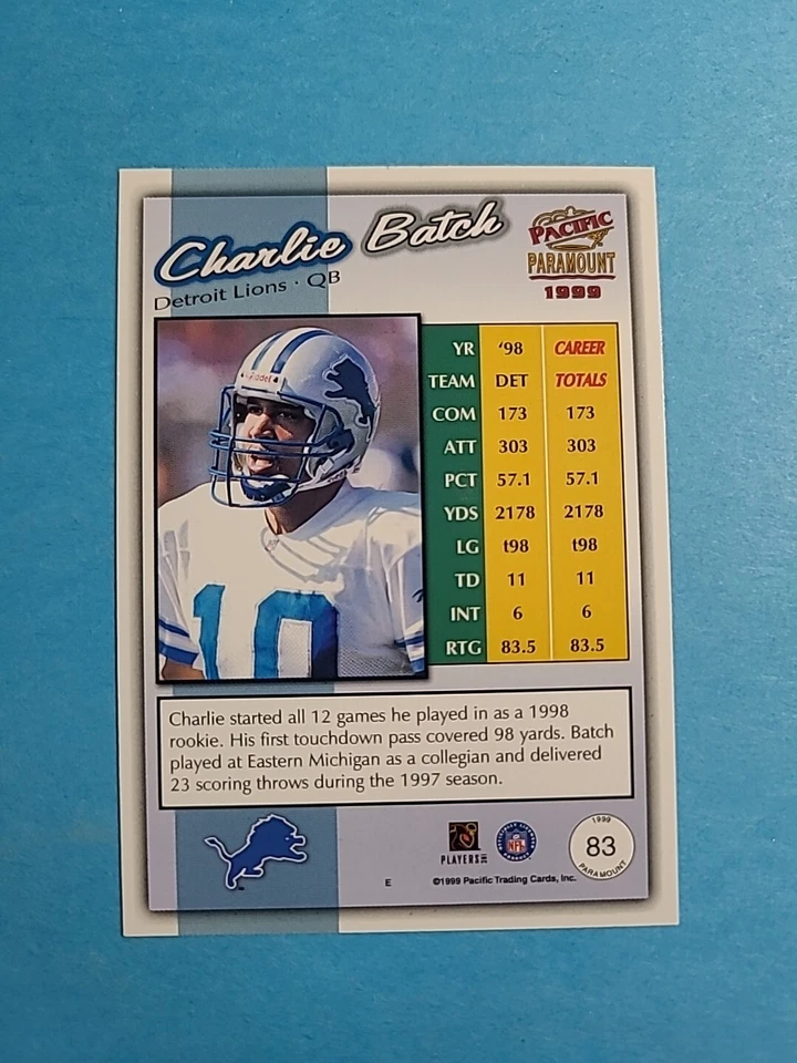 Charlie Batch 1999 Pacific Paramount Copper Football Card # 83 I3527 - Image 2 of 2