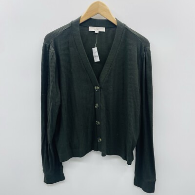 Ann Taylor LOFT Womens XL Ribbed Long Sleeve Cropped Cardigan Top in Olive 2077