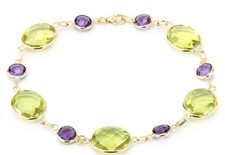 14K Yellow Gold Gemstone Bracelet With Amethyst and Lemon Quartz 7.5 Inch