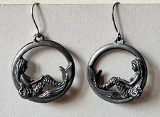 Mermaid sitting in circle design both sides pewter charm 1" earrings 1 1/2"