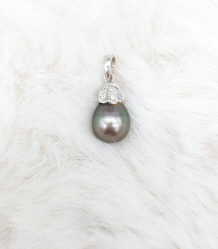 Pendentif en or gris orné d'une perle grise forme goutte surmonté de petits dia - Afbeelding 1 van 1