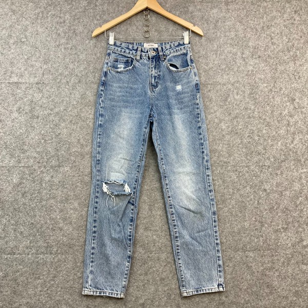 Cotton On Jeans Womens 6 Blue Mom Distressed High Waist Denim Cotton 50909