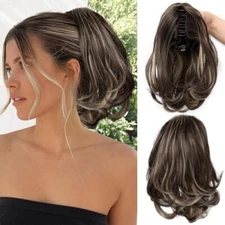  Ponytail Extension, Short Curly Wavy Synthetic Brown mixed Blonde Highlights