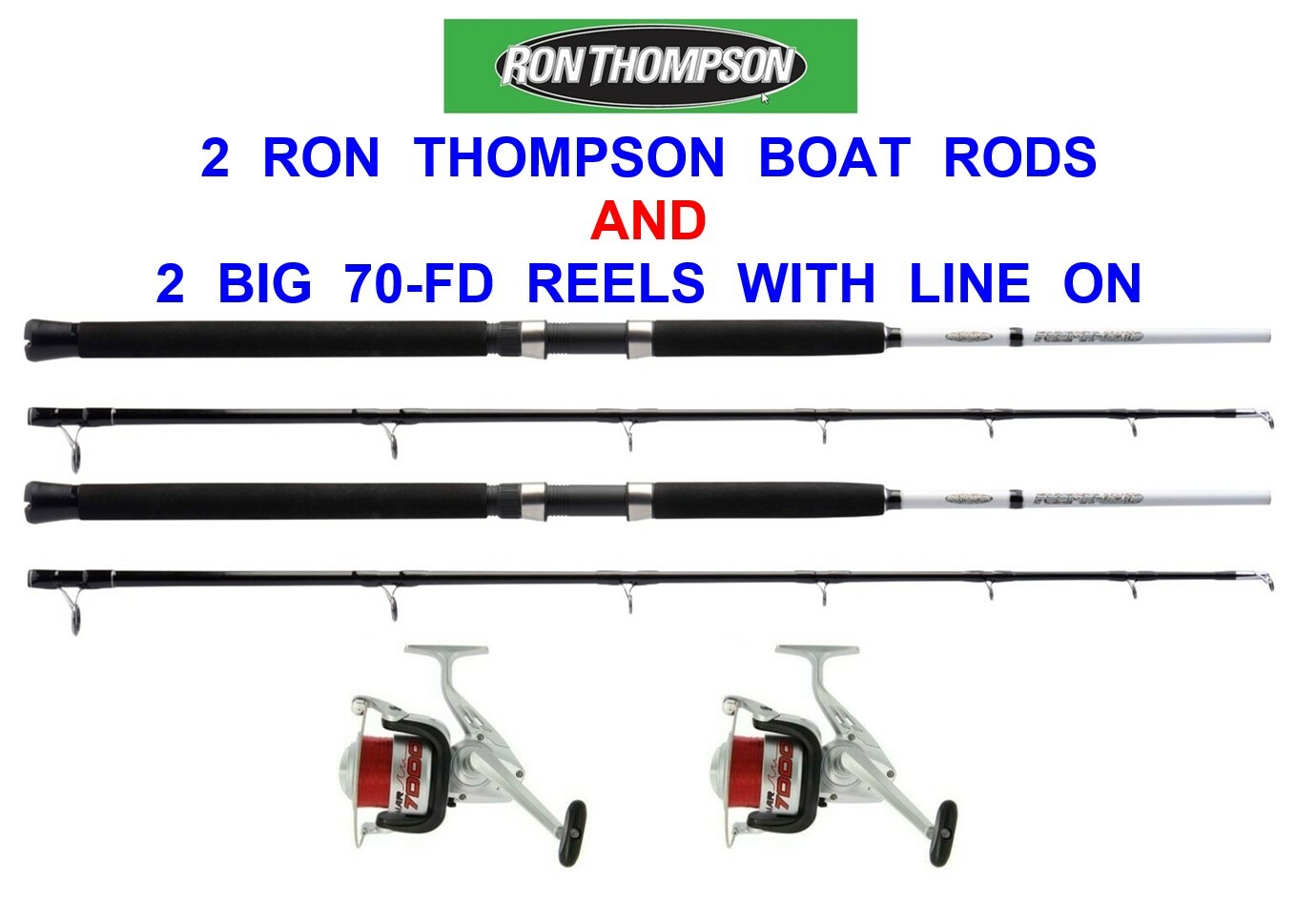 2 RON THOMPSON 6ft BOAT RODS+2 BIG NGT 70FD REELS+LINE KAYAK SEA FISHING JIGGING