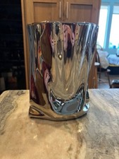 Silver Ruffled Crinkled Vase Ceramic Porcelain Flower Arrangement Decor - 9"