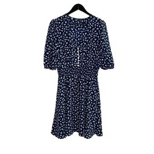 Shore Dress Floral Dark Navy Puff Sleeve Fit & Flare Dress Made in USA Size XL
