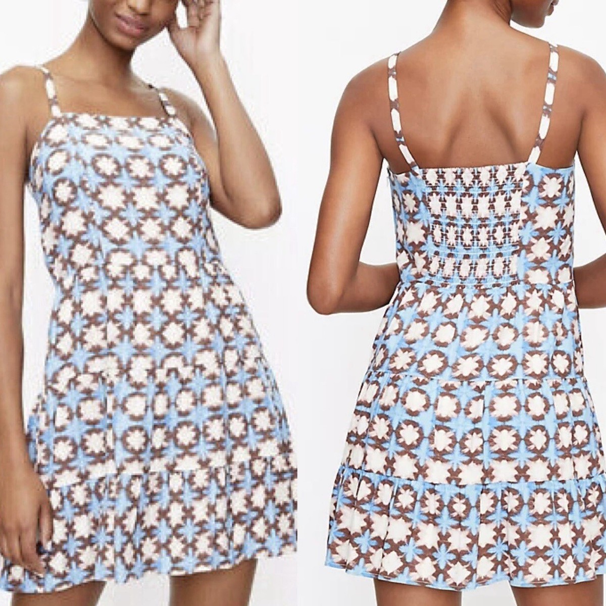 Loft Sunwashed Floral Smocked Back Dress Blue Brown Peach Women’s Size 00