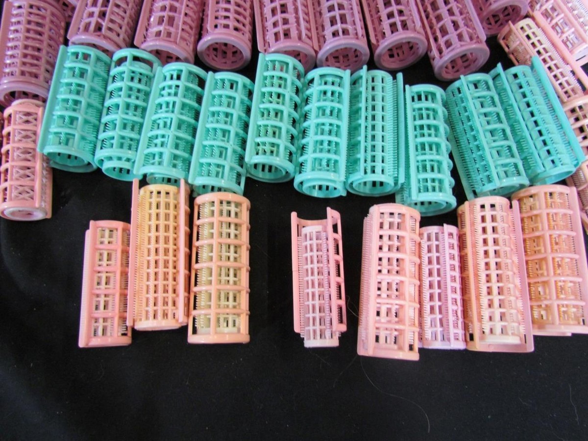 Vintage Pink Green Blue Snap on Rollers Plastic w Cover Hair