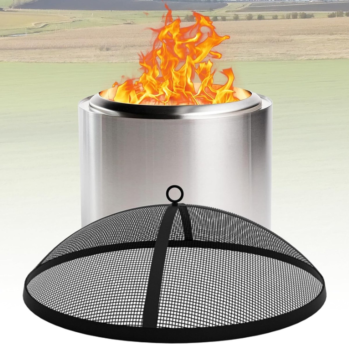 Round Fire Pit Spark Screen Lid With Hook Carbon Steel For