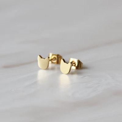 14k Real Yellow Gold Womens Cat Stud Earrings